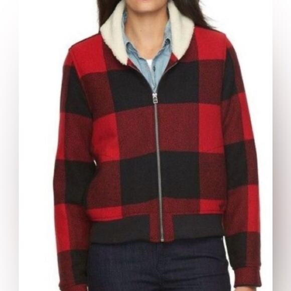 WOOLRICH Red Plaid Bomber Jacket Full Zipper Qulited Sherpa Large Women Wool - Picture 1 of 14